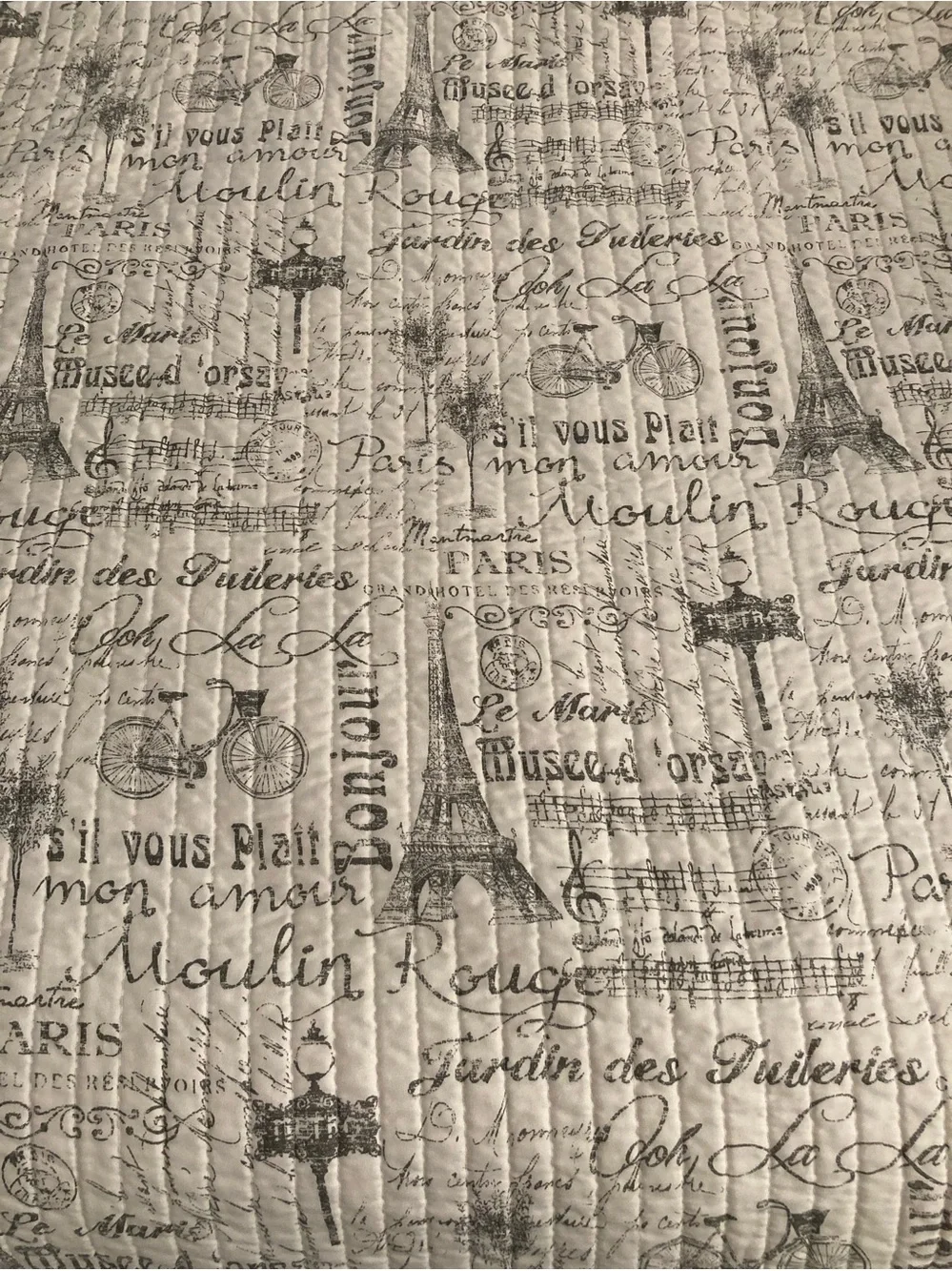 Paris Script Quilted Queen Size Bedspread 2 Pillow Shams Reversible Preowned